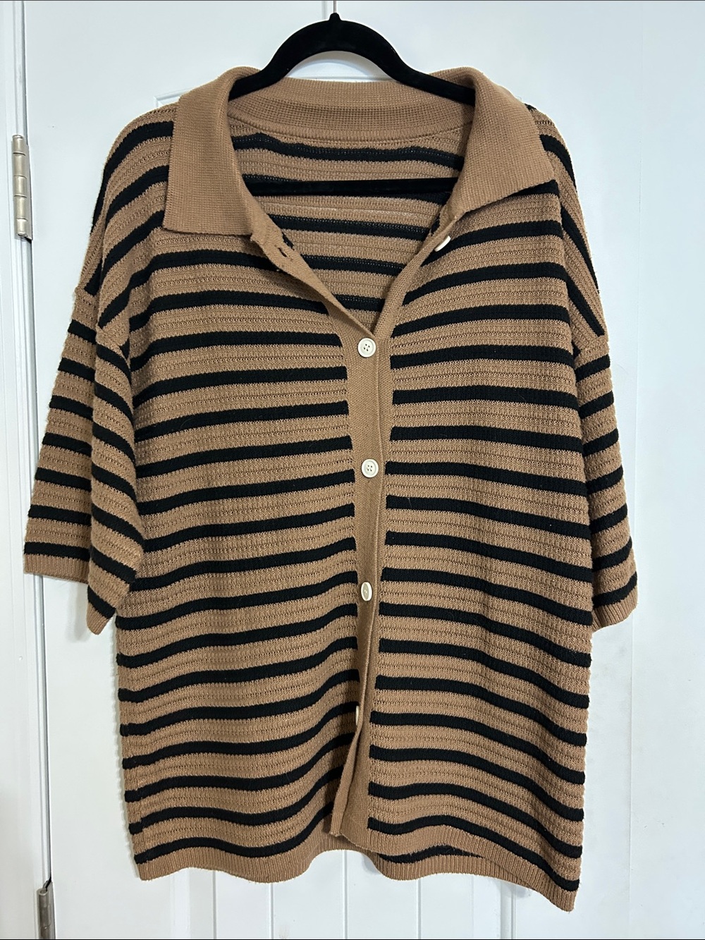 Striped Collared Button-Front Sweater - Camel/Black